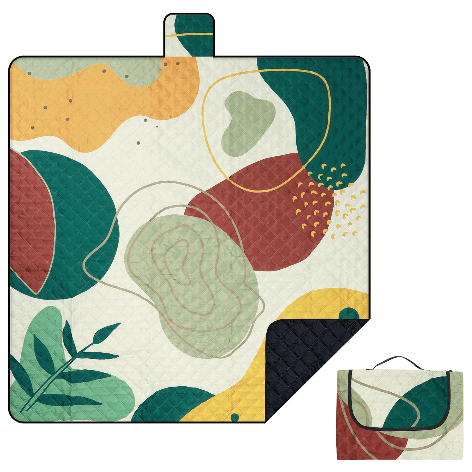 Outplea Waterproof Picnic Blanket 200x200cm Machine Washable, Large Padded Quilted Picnic Mat Outdoor Rug Sandproof for Camping Beach Garden, Abstract Art