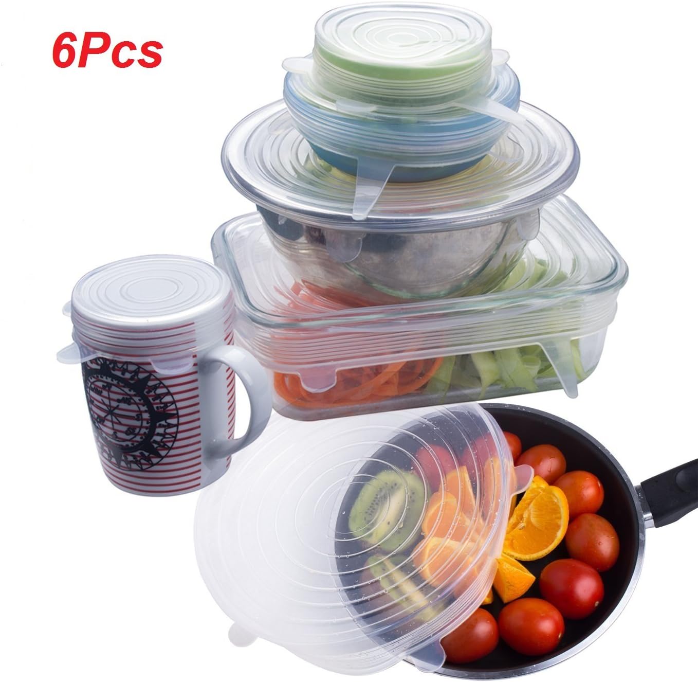 JRing 6Pcs Silicone Stretch Lids Covers, Silicone Lids Food and Bowl Covers , Reusable Stretch Lids Cover Wrap , Dishwasher and Freezer Safe(Transparent)