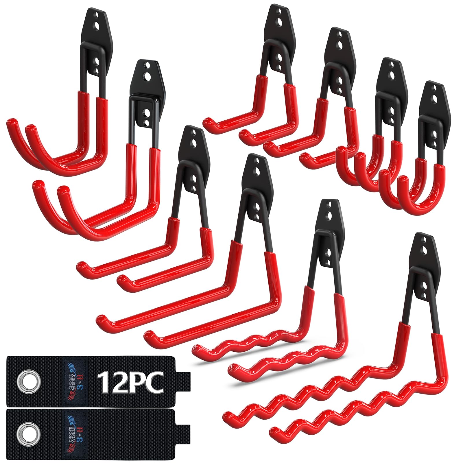 3-H Heavy Duty Garage Hooks 12 Pack, Utility All-Steel Storage Hooks with Anti-Slip Coating, Wall Mount Hooks for Hanging Ladders, Lawn Mower, Hose, Garden Tools (Red)