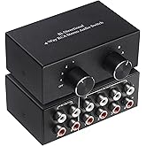RCA L/R Audio Switcher, 4(2)-in-2(4)-Out Analogue Audio Switch, Noiseless Stereo Speaker Selector for Phono TV Headphones Soundbar PC Game, 4 Way Audio Splitter Box