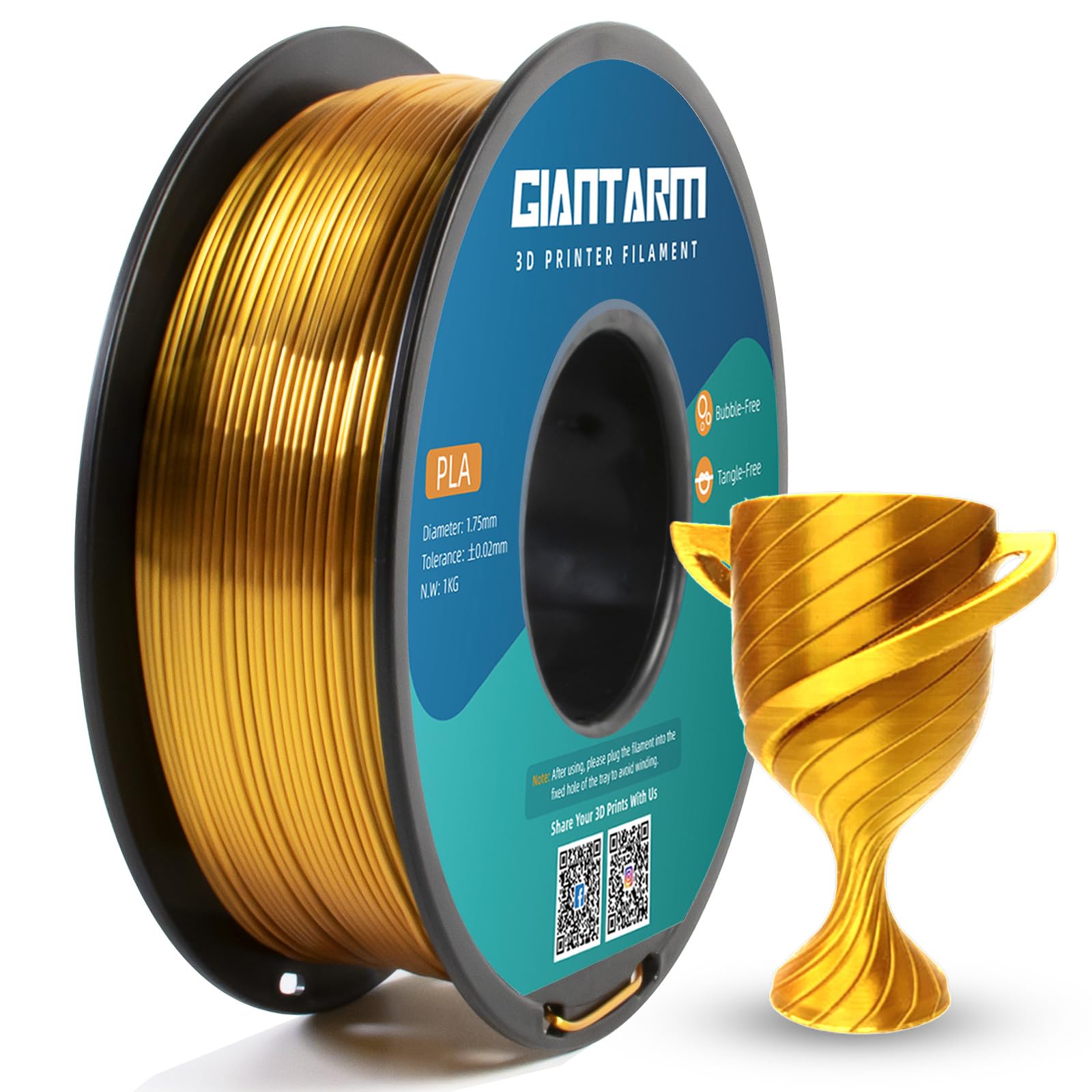 GIANTARM PLA Filament 1.75mm Silk Gold,3D Printer PLA Filament 1kg Spool