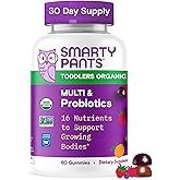 SmartyPants Organic Toddler Multivitamin Gummies: Probiotics, Omega 3 (ALA), Vitamin D3, C, Vitamin B12, B6, A, K & Zinc, Beta Carotene, Gluten Free, Three Fruit Flavors, 60 Count (30 Day Supply)