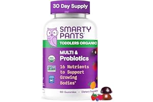 SmartyPants Organic Toddler Multivitamin Gummies: Probiotics, Omega 3 (ALA), Vitamin D3, C, Vitamin B12, B6, A, K & Zinc, Beta Carotene, Gluten Free, Three Fruit Flavors, 60 Count (30 Day Supply)