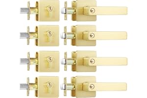 Leydebong 4 Pack Heavy Duty Entrance Lever Door Handleset for Office and Front Door Reversible for Right and Left Side Single Keyed Square Deadbolt Lock Finish in Satin Brass