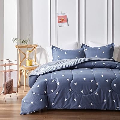 Uozzi Bedding Comforter Set Twin Size Blue Gray with White Triangles