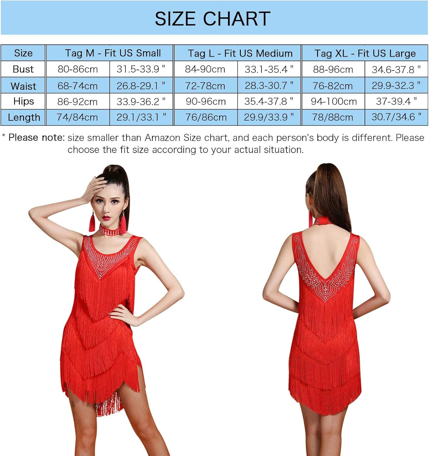 ZX Women's V Back Rhinestone Deco Fringe Dance Party Dress Latin Ballroom Dress: Clothing