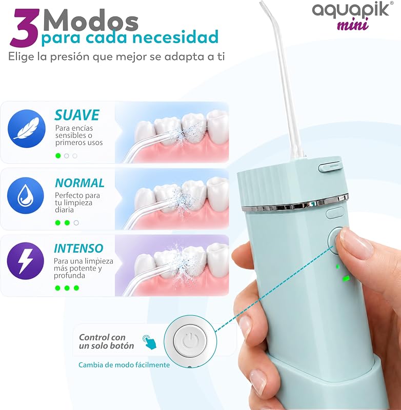 Irrigador dental portátil Aquapik Mini 140 ml | Water flosser recargable USB tipo C | 3 modos presión | limpieza profunda | Ideal para Encías sensibles, ortodoncia e implantes dentales (Azul)