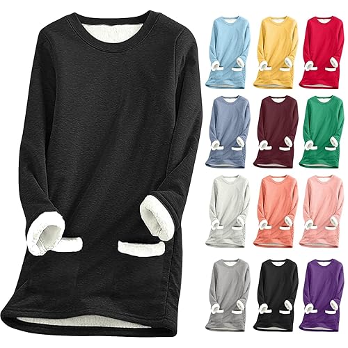 womens sweaters,Women's Jumpers Winter Autumn Fleece Vintage Plush Lined Christmas Sweatshirt Ladies Solid Color Round Neck Tops Slim Fit Thick Velvet Pullover S-5XL,ladies fleece tops,3XL Black