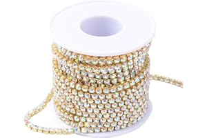 PandaHall 1 Roll 10 Yard 2mm Crystal AB Rhinestone Close Chain Clear Trimming Claw Chain Gold Cup Bead Chain Craft and Decora