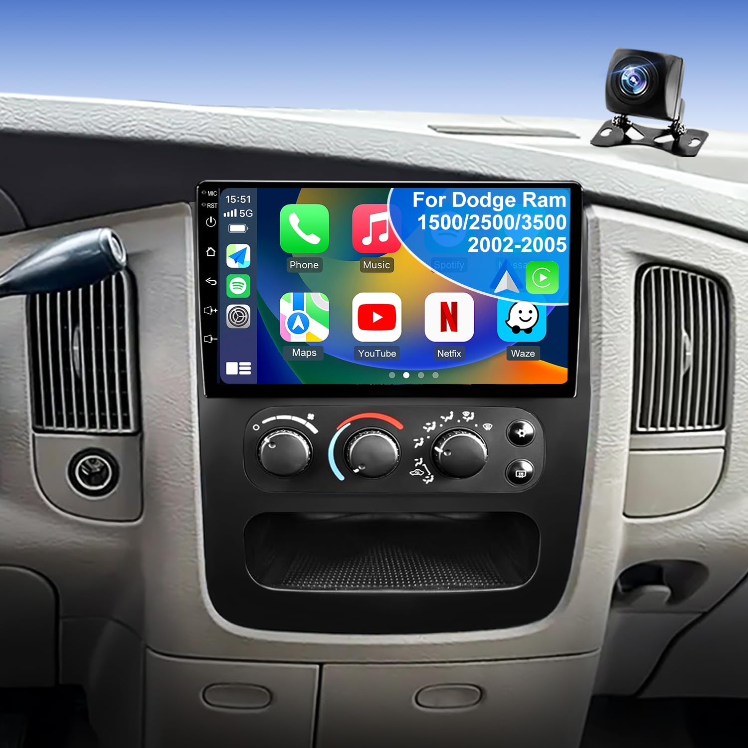 Photo 1 of 4Core 64GROM 5Gwifi Upgrade Car Radio for Dodge Ram 1500/2500/3500 2002 2003 2004 2005, 9inch Touch Screen Stereo Wireless CarPlay Android Auto Head Unit Bluetooth GPS Navigation FM DSP Backup Camera