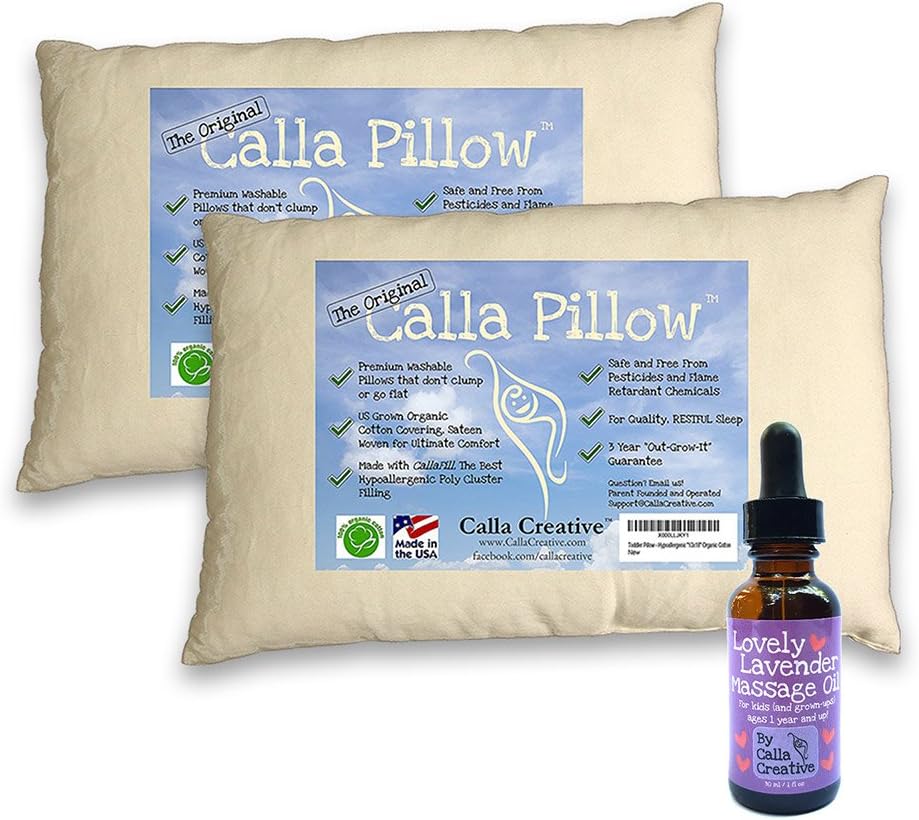2 Pack Calla Toddler Pillows Soft Organic Cotton of size 13" x 18" x 3.5" Bundle with (1) Organic Lavender in Fractionated Coconut Oil - Pure Essential Oils for Babies by Calla Creative