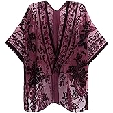 MJ SERECA Women's Burnout Velvet Kimono Cardigan Cover Up with Tassel