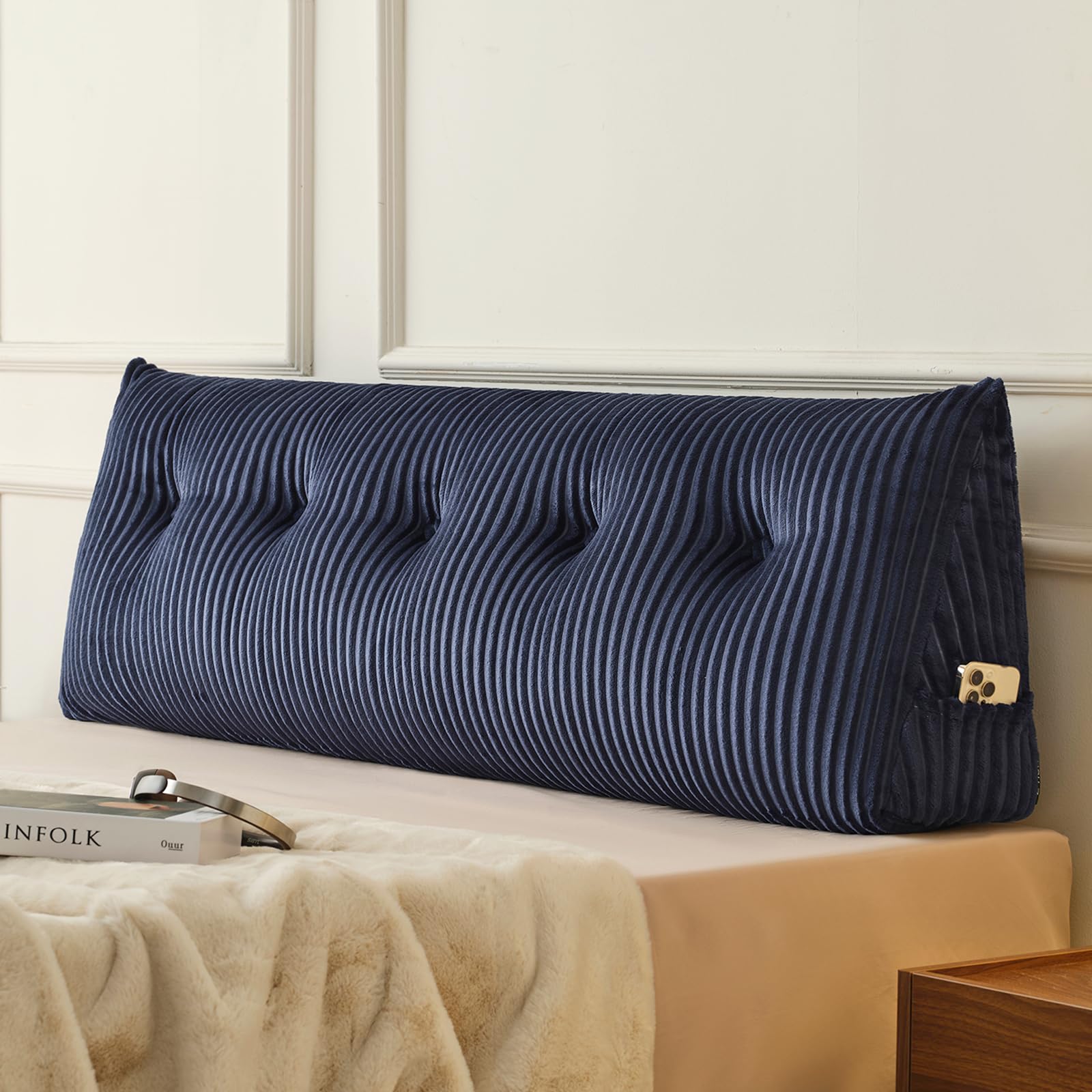 Z-hom Queen Headboard Pillow, Triangular Wedge Reading Pillow for Bed or Sofa, Ergonomic Backrest Cushion for Sitting Up, Reading or Relaxing, with Side Pocket，Removable Washable Cover,Blue Image