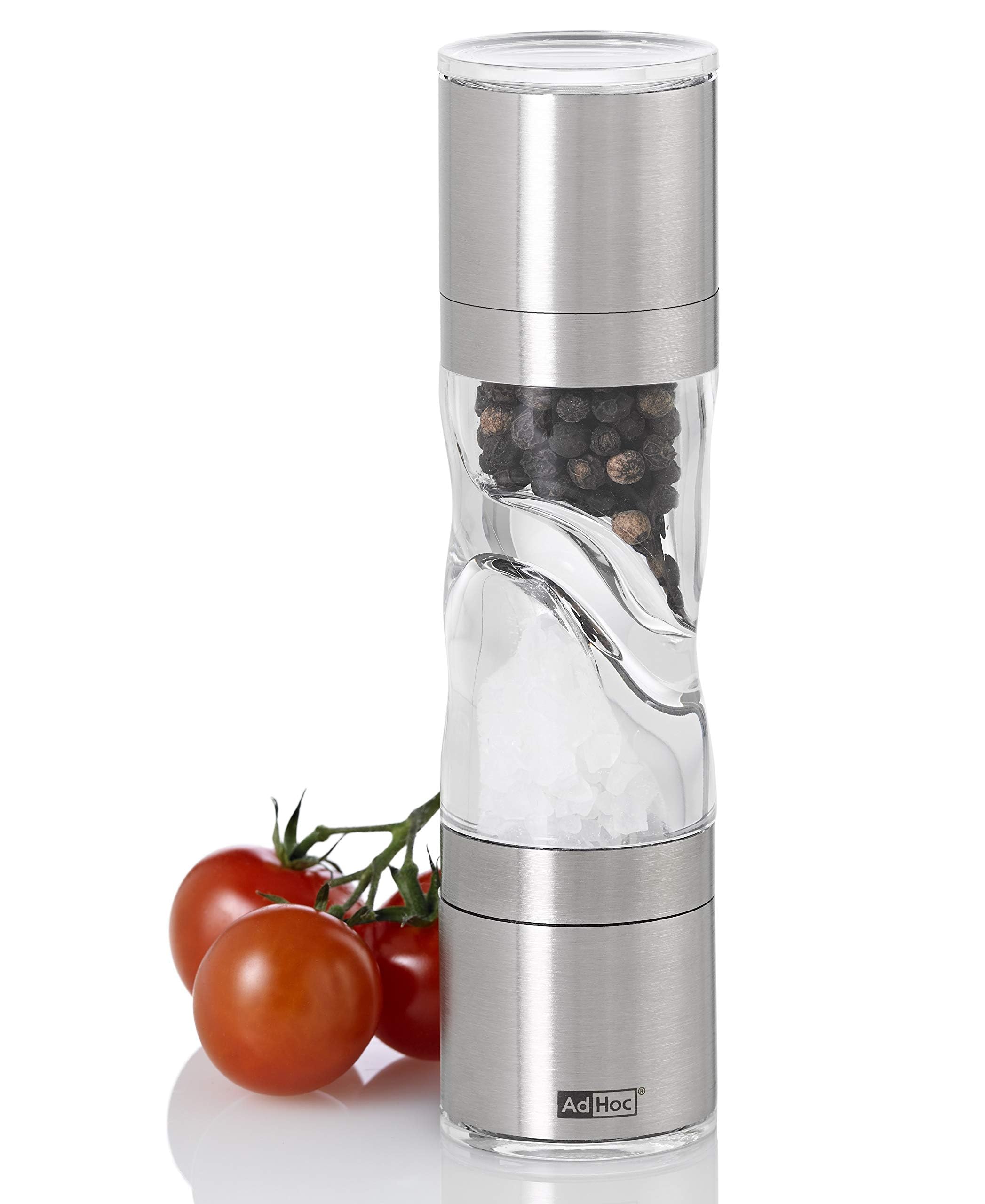 AdHoc Duomill Pure Mini Salt & Pepper Mill, Stainless Steel/Acrylic, 2-in-1 Double Mill, CeraCut Ceramic Grinder, Adjustable Grind Setting, 150mm, Silver