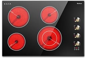 Karinear Electric Cooktop 30 Inch, 4 Burners Electric Stove Top, Built-in Radiant Cooktop with Expandable Burner, Knob Control, Safety Lock, Timer, 6700W 220~240V Hard Wired(No Plug)