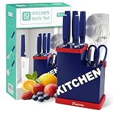 Teammay 10-Piece Kitchen Knife Set with Metal Block, Built-in Sharpener, Including 5 Ultra Sharp Kitchen Knives, Scissors, Stainless Steel Professional Cutlery Set for Home Kitchen,Blue