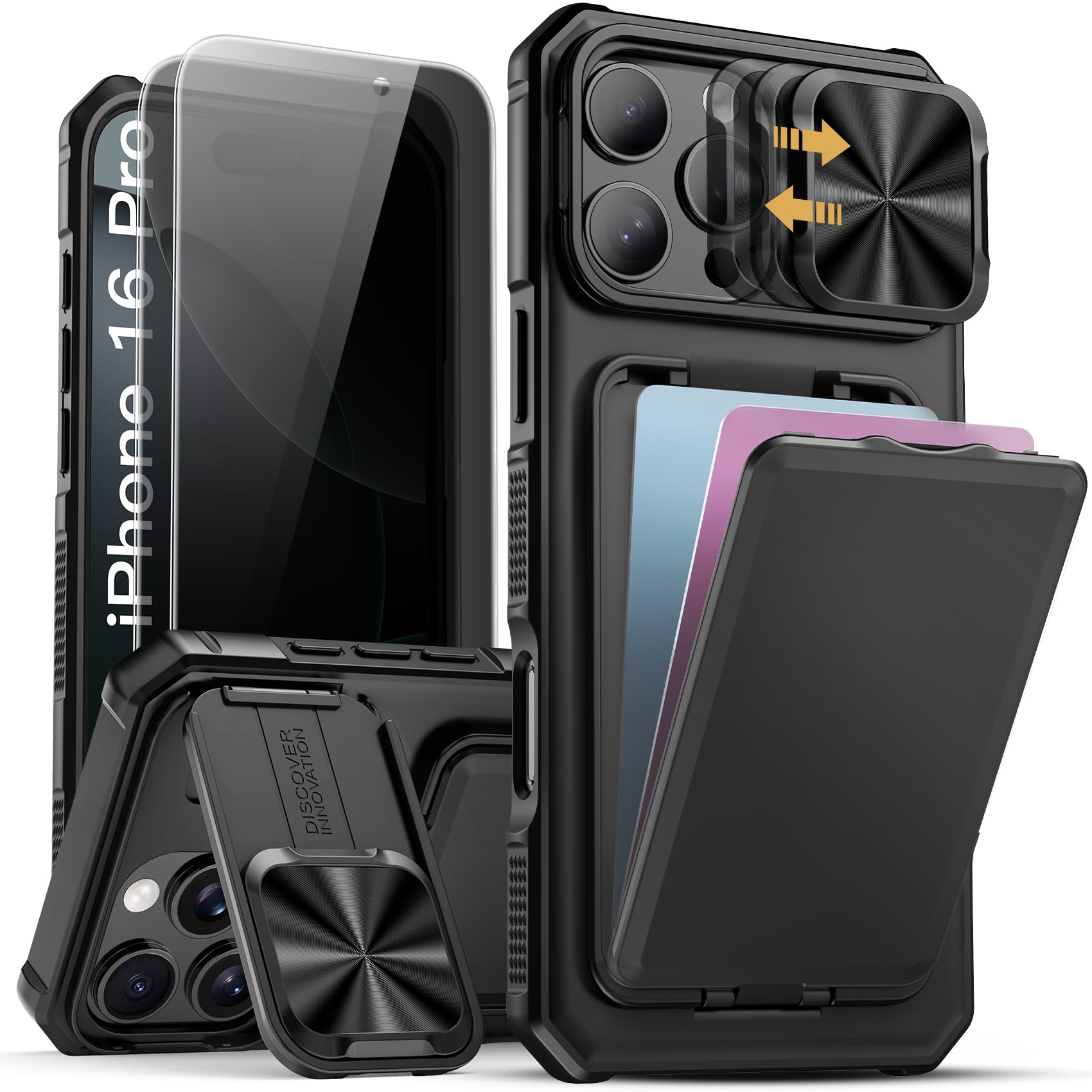 SSLOTSCASE for iPhone 16 Pro Case with 2X Privacy Screen Protector, Card Holder & Kickstand & Slide Camera Lens Cover & Camera Stand & Wallet, Military-Grade Phone Case Cover for iPhone 16 Pro, Black