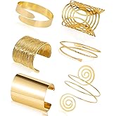 COLOYAN 6Pcs Gold Arm Cuff Set - Adjustable Minimalist Simple Coil Bangle Wide Wire Grooved Cuff Open Arm Band Bracelets for Women