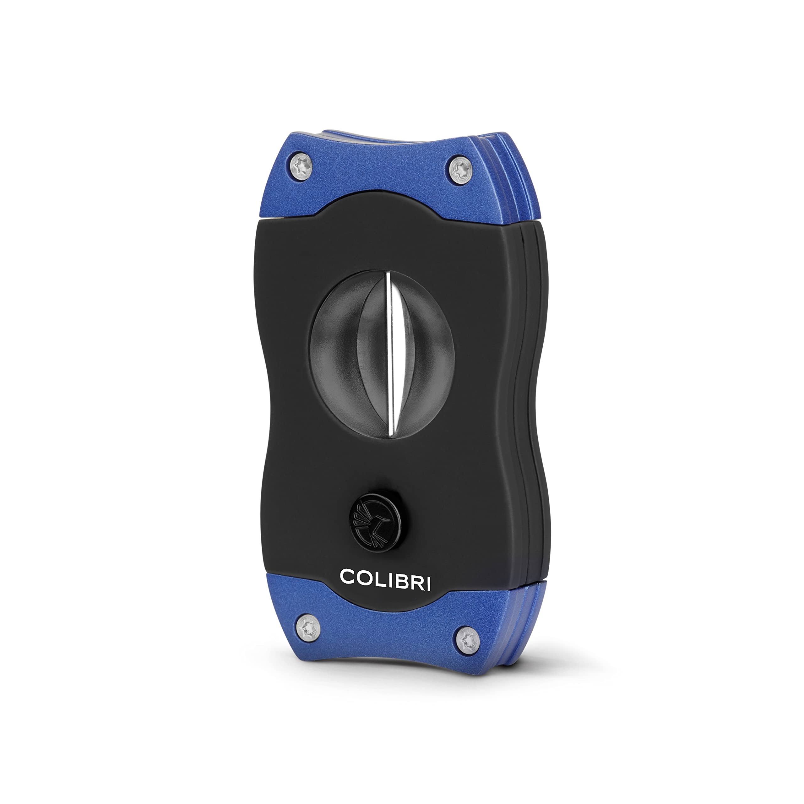 Colibri V-cut Cigar Cutter | Black With Blue Finish | Spring Loaded Release | Deep 7mm V Cut | Up-to 60+ Ring Gauge Cigars | Ergonomic Design