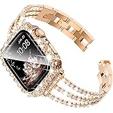 Surace Metal Band for Apple Watch Bands 40mm for Women Series 6 5 4, Bling Diamond Rhinestone Link Bracelet with 2 in 1 Waterproof Bling Case Lace Edge Diamond Protective Bumper Face Cover, Rose Gold