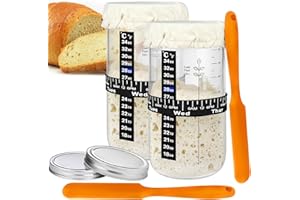 HOMEPEKITE 2Pack 34 OZ Sourdough Starter Jar Glass with Sourdough Jar Scraper, Thermometer, Date Marked Feeding Band, Cloth Cover & Metal Lid, Sourdough Starter Kit Ideal Gift for Home Bakers
