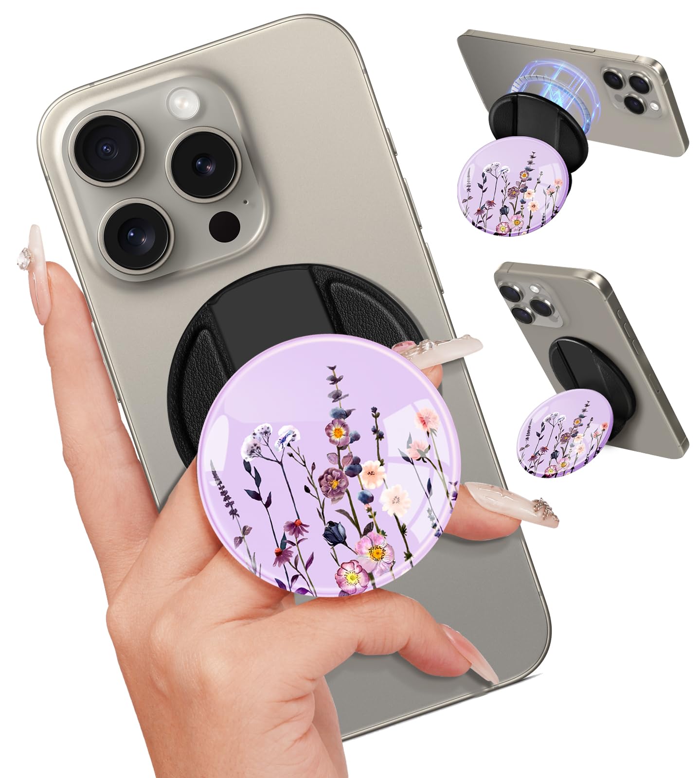 Kidcube Magnetic Phone Grip Compatible with Magsafe - Cell Phone Grip Stand Ring Holder Magnet Kickstand Removable Accessories for iPhone 16 Pro Max/16/15/14/13/12 Series Cute Girly Purple Flowers