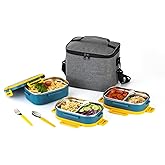 Lille Home 3-Tier Stainless Steel Lunch Box, Portable 82oz Large Capacity Leak-Proof Bento Box,5-Compartment Lunch Box With Lunch Bag And Utensils, Suitable For Work, Camping, Fitness (Blue)