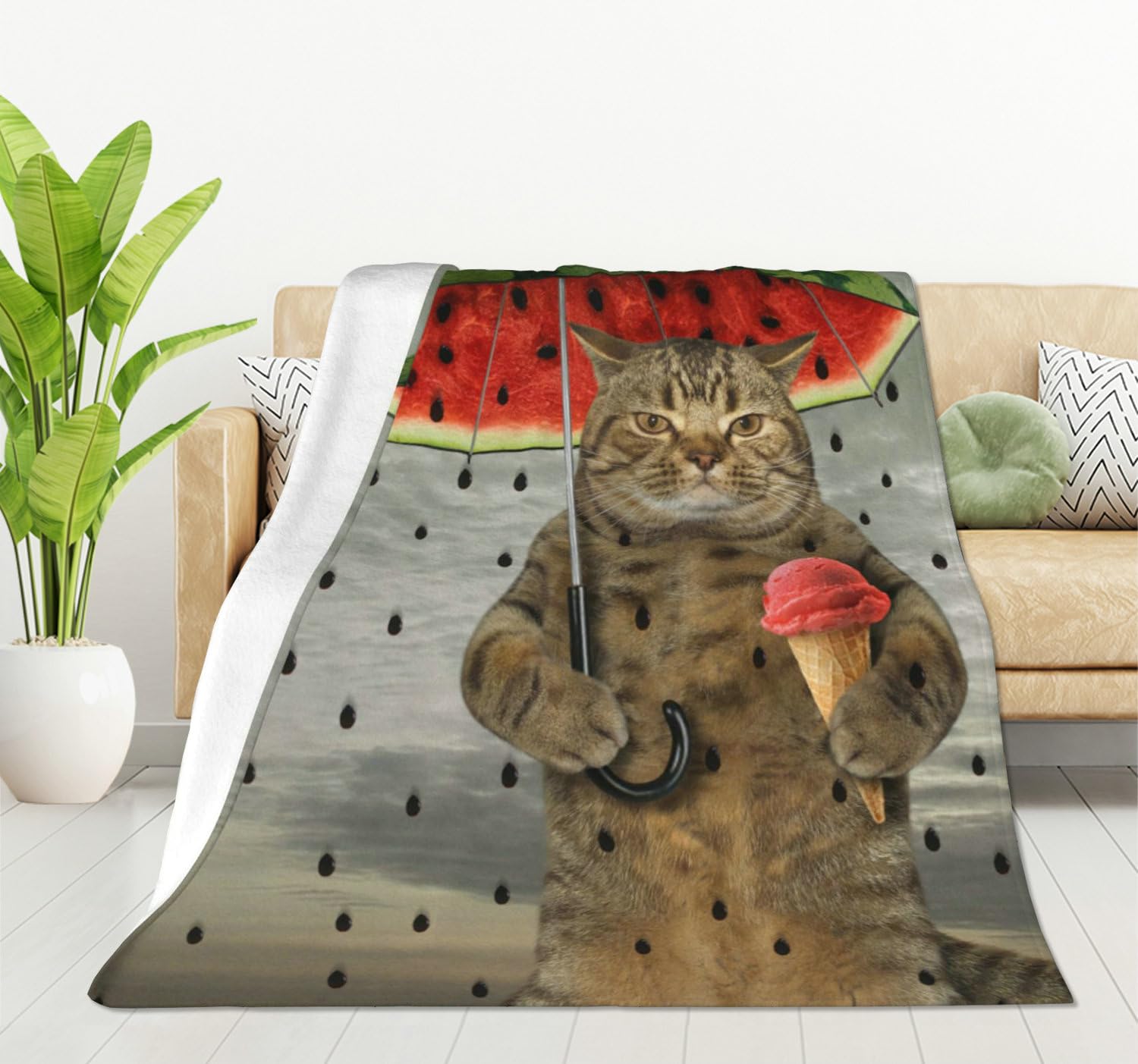 HGOD DESIGNS Funny Animal Cat Throw Blanket The cute cat is holding an umbrella in one paw and fruit ice cream in other Soft Blankets and Throws 100x130cm Caring for Women Men