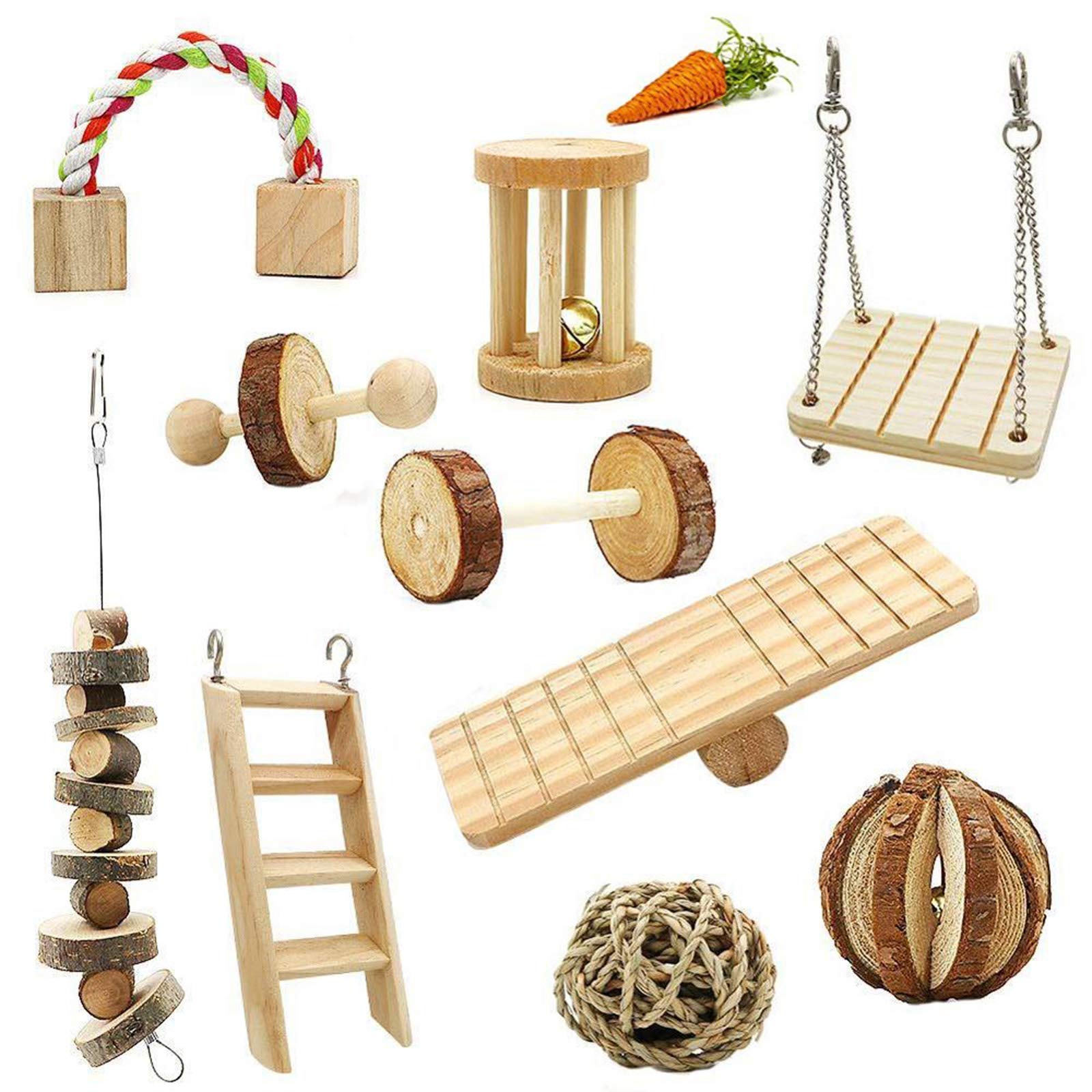 Chikanb 11-Pack Hamster Chew Toys, Natural Wooden Grass Ball Dumbells Platform, Gerbil Rats Chinchillas Hamster Toys Accessories, Exercise Teeth Care Molar Toy for Bunny Gerbils Rodent Small Animal