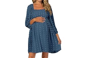 Ofenbuy Women's Long Sleeve Maternity Dress Square Neck Swiss Dot Casual Loose Short Dresses