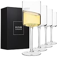 Elixir Glassware Crystal Square Wine Glasses - Set of 4-14 oz Stemware - Red Wine & White Wine Entertaining Drinkware - 100% 