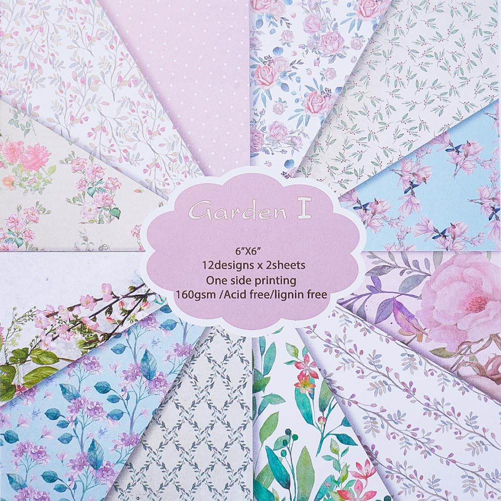 CRASPIRE 24 Sheets Floral Scrapbook Paper Pad 12 Style 6In Vintage Flower Single-Side Cardstock Background Border Origami Paper for Holiday Journal Decorative Greeting Card Making Craft