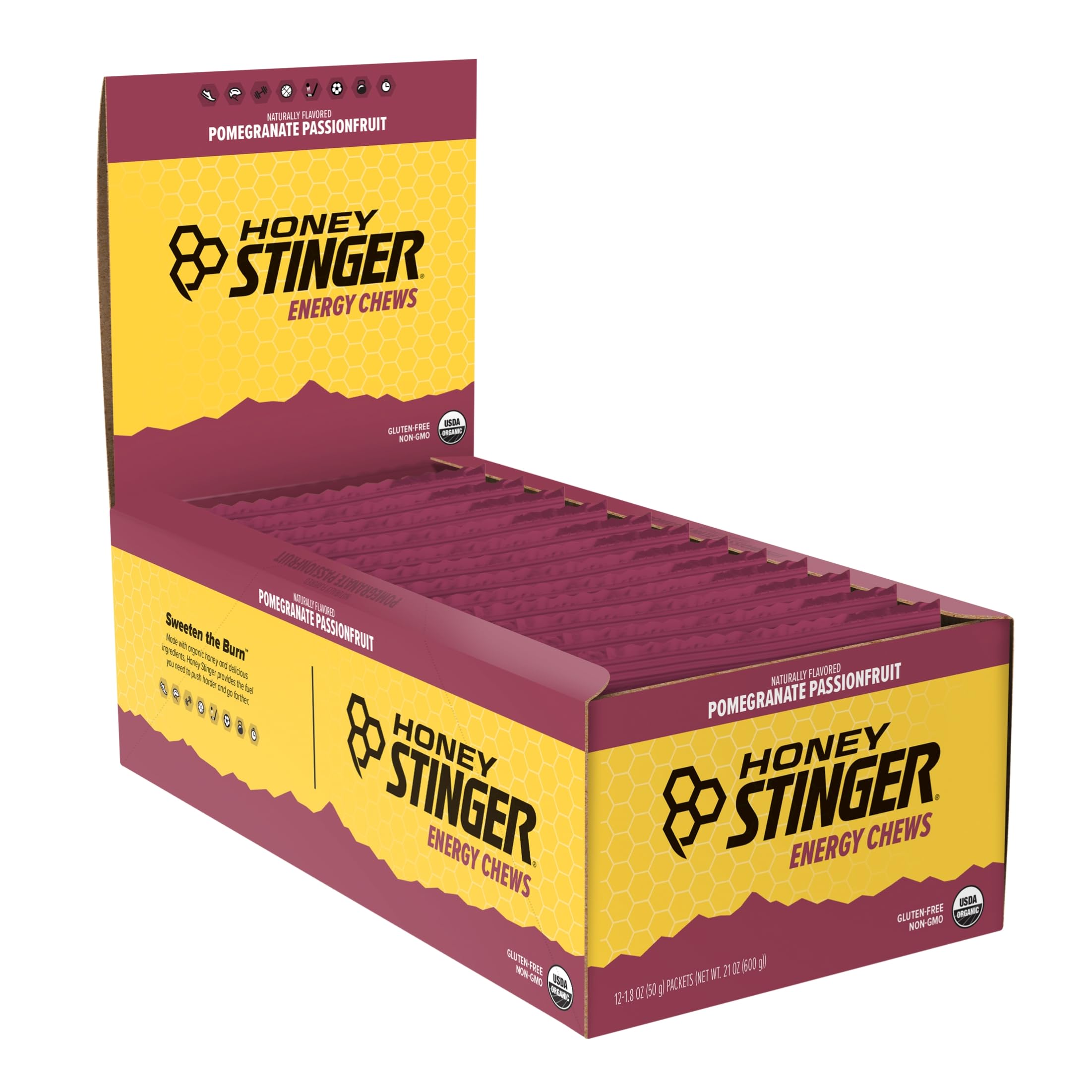 Honey Stinger Organic Pomegranate Passionfruit Energy Chew, Gluten Free & Caffeine Free, for Exercise, Running and Performance, Sports Nutrition for Home & Gym, Pre and Mid Workout, 12 Pack