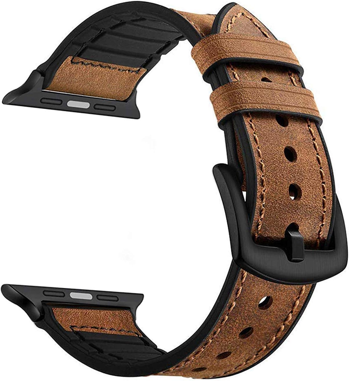 Market affairs Rubber Hybrid Leather with Metal Clasp Strap Compatible with Apple Watch [42mm/44mm] Series 1,2,3,4,5 - Brown