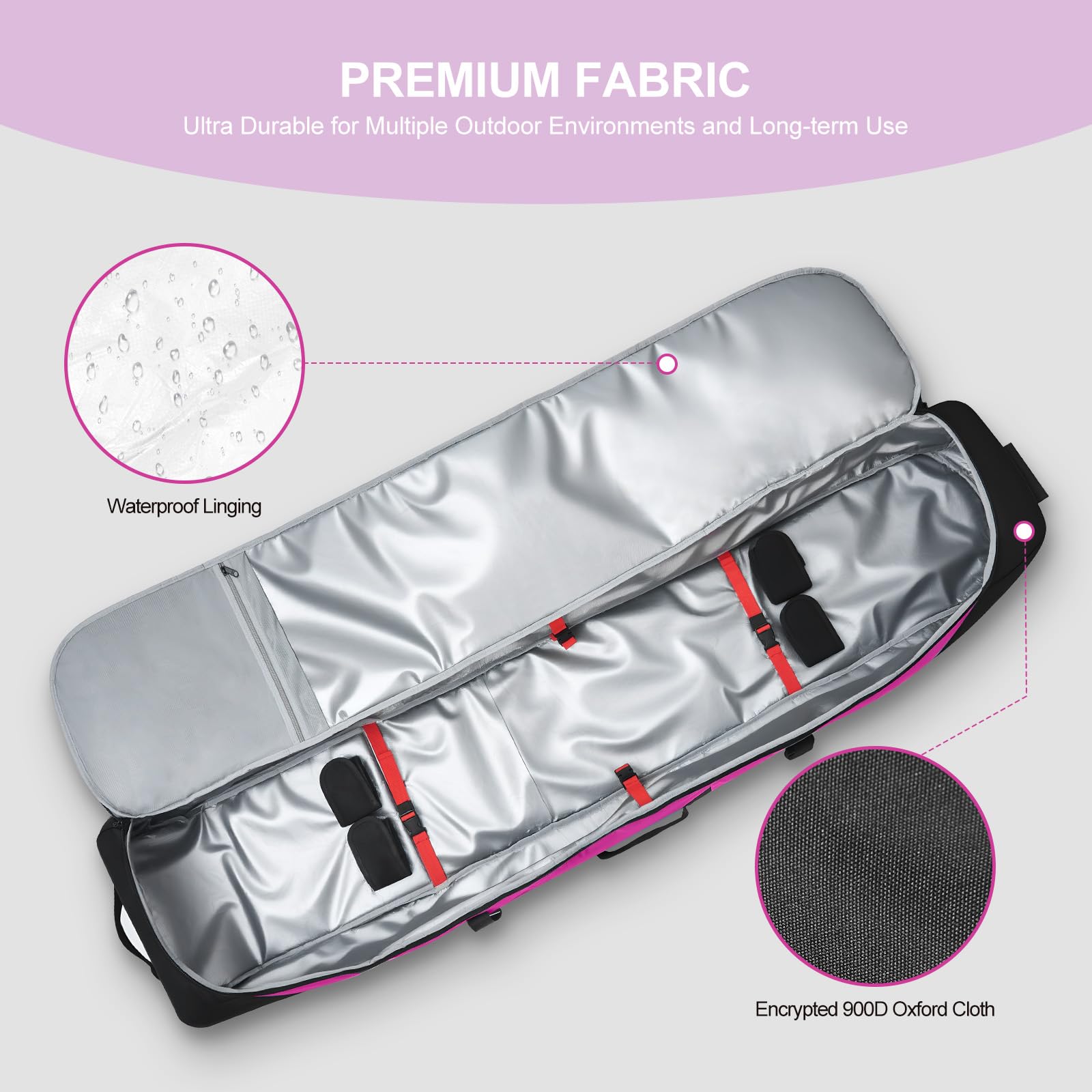Odoland Rolling Ski Bag, Padded Snowboard Bags and Ski Boot Bag with Wheels for Air Travel, 900D Water Resistant Oxford Fabric, Fits Skis Up to 170cm, Purple
