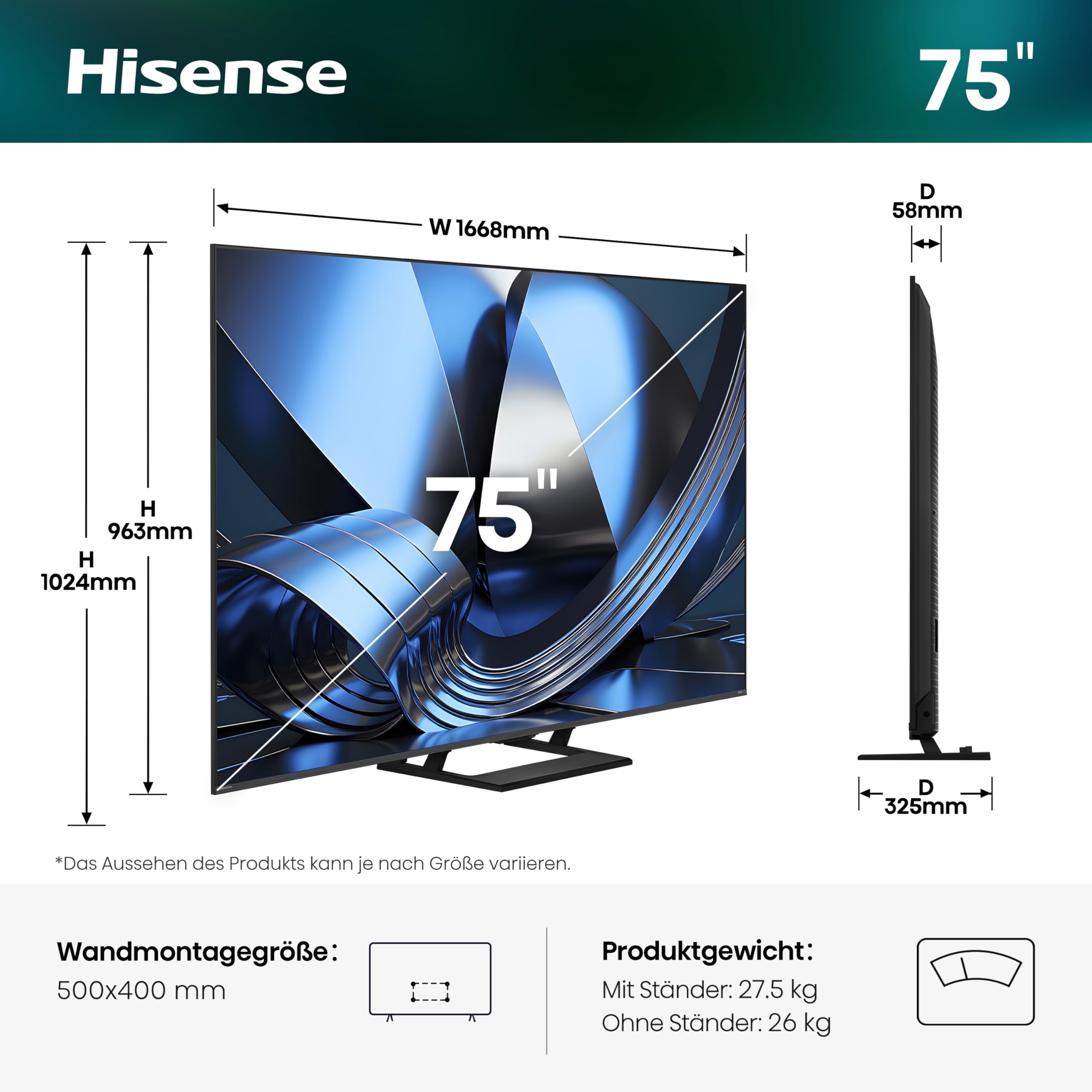 Hisense 75U7DSE Fernseher 75 Zoll, 4K UHD, Hi-QLED Mini LED, Smart TV, 144Hz, Hi-View AI Engine, IMAX Enhanced, AI Lichtsensor, Dolby Vision.Atmos, Tuned by DeVialet, FreeSync Premium Pro [2026] 2