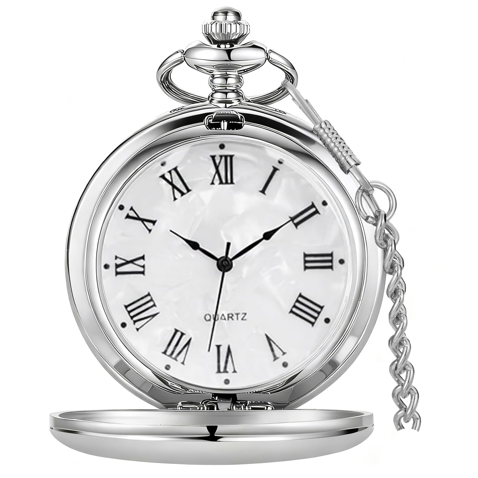 Tiong Vintage Silver Pocket Watch with Chain Roman Numerals Smooth Steel Men's Quartz Pocket Watches with Chain Clip for Men — image 1