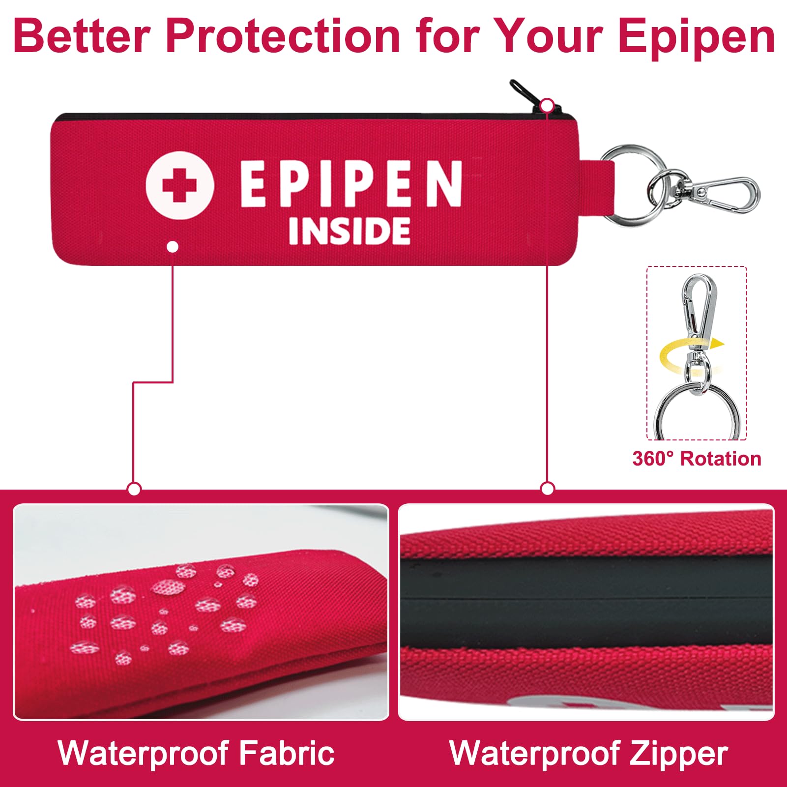 1 Pack EpiPen Carry Case Insulated,Red Epipen Holder Bag with Carabiner-for 1 EpiPen Asthma Allergy Medication,Sports Outdoors Travel Epipen Case for Walking or Running