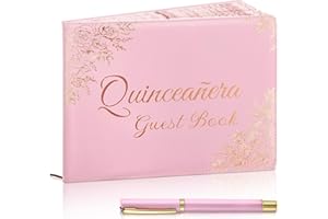 MotiMind Quinceañera Guest Book with Pen 11 x 8 Inch Libro De Firmas Para 15 Años Quinceanera Leather Hardcover Signature Book Guest Sign in for 15th Party Favors Decoration(Pink Gold,Floral)