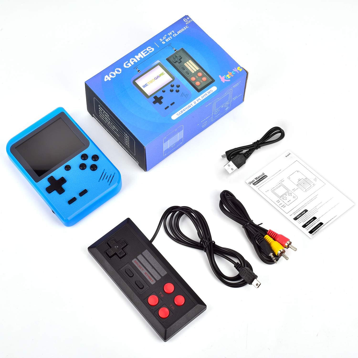 Handheld Game Console, Kiztoys Retro Video Games Console for kids with 400 Classic Games, Supporting 2 Players and TV Connection, 800 mAh Rechargeable Battery: Toys & Games