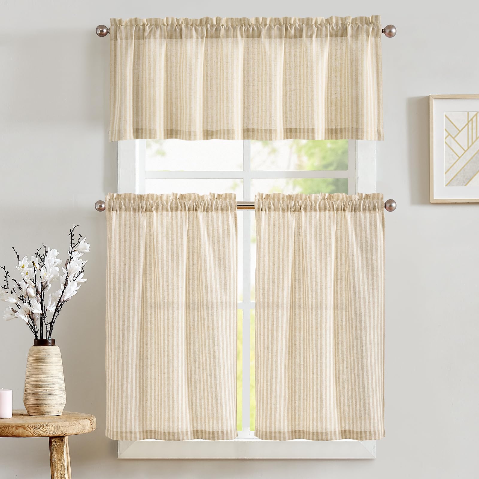 Photo 1 of jinchan Striped Kitchen Curtains and Valance Set 24 Inch Tier Curtains Natural Ticking Stripe Linen Small Drapes Pinstripe for Cafe Living Room Bathroom Farmhouse 3 Pieces Set Rod Pocket Beige