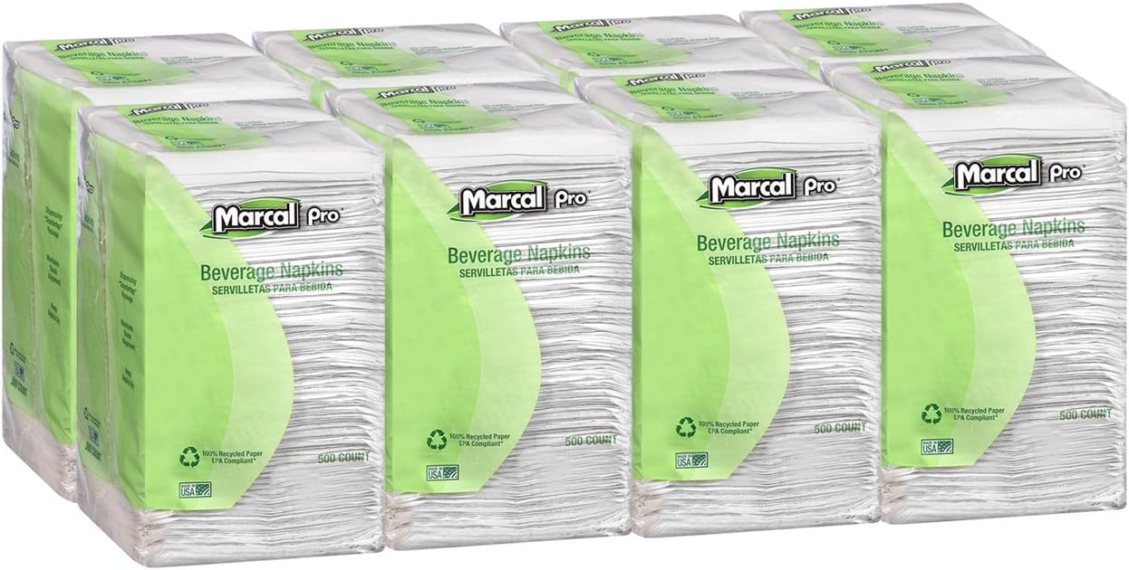Marcal Pro Beverage Napkins 100% Recycled Cocktail Napkins 1-Ply, 9.75"x9.5" (WxL) 500 Per Pack - 8 Packs Per Case 00028