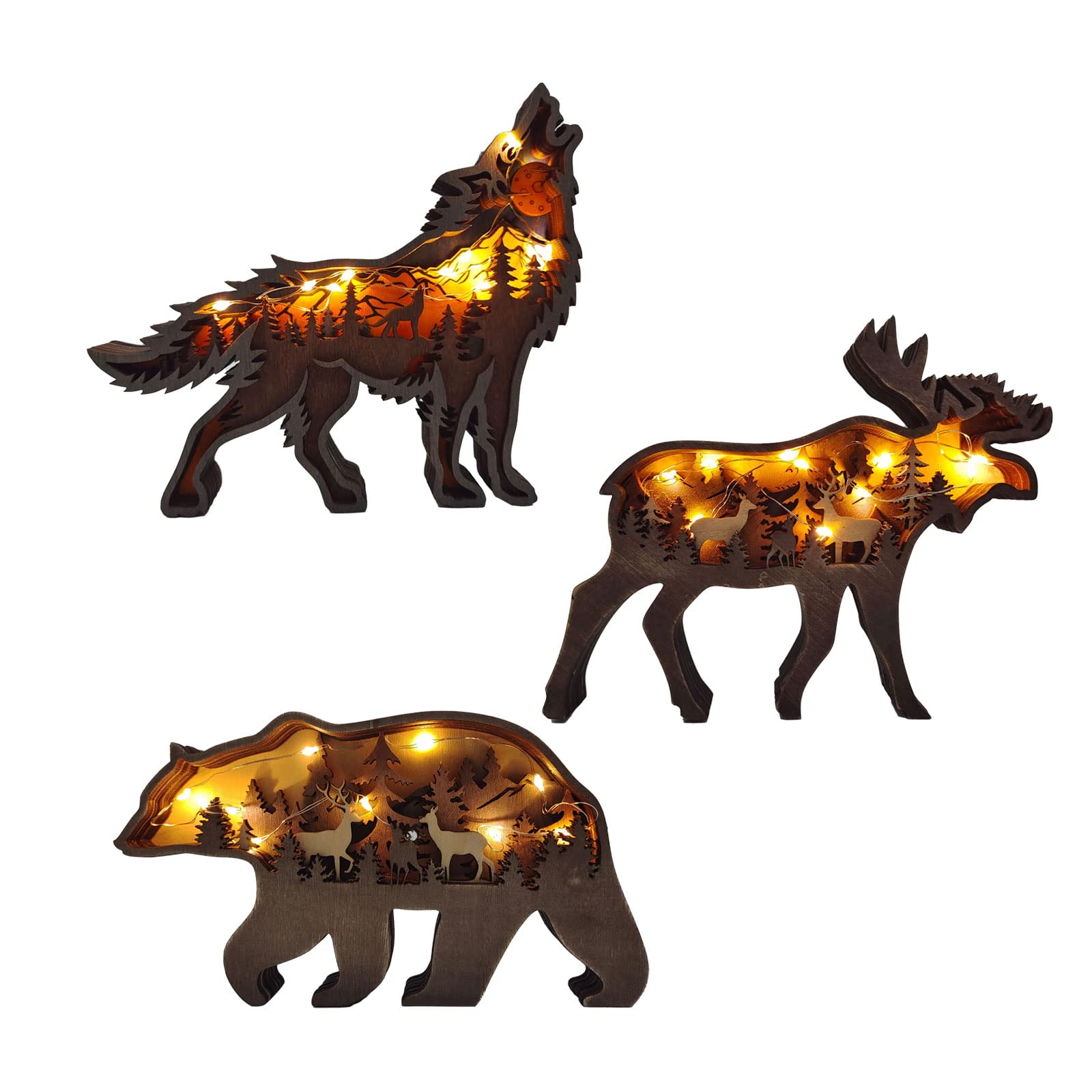 YWNYT 3pcs 3D Forest Animal Wooden Statue Craft Wall Art Decor, Wooden Deer/Wolf/Bear Desktop Decor Wood Carving Ornament with Lights for Home Cafe Terrace