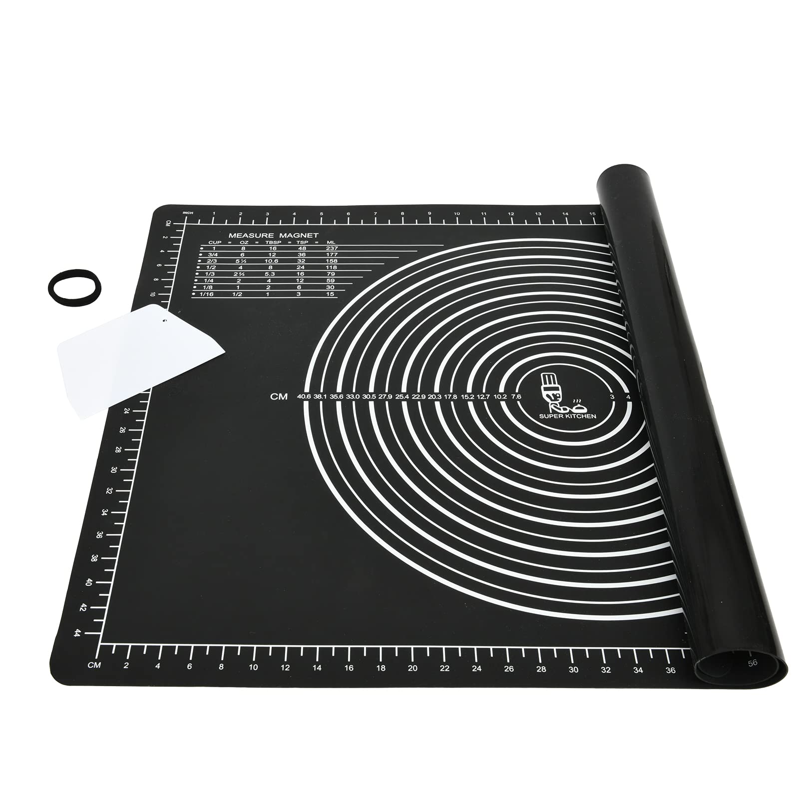 Super Kitchen Nonstick Silicone Baking Pastry Mat with Dough Scraper, Nonslip Kneading Board Mat Fondant Rolling Sheet, Baking Equipment Accessory, Art Craft Mat, Table Placemat (71 x 51 cm, Black)