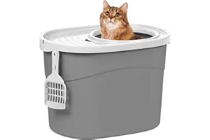 IRIS USA Oval Cat Litter Box with Catching Lid and Scoop - Medium - Top Entry Stylish Enclosed Kitty Dog Proof Box, Litiere P