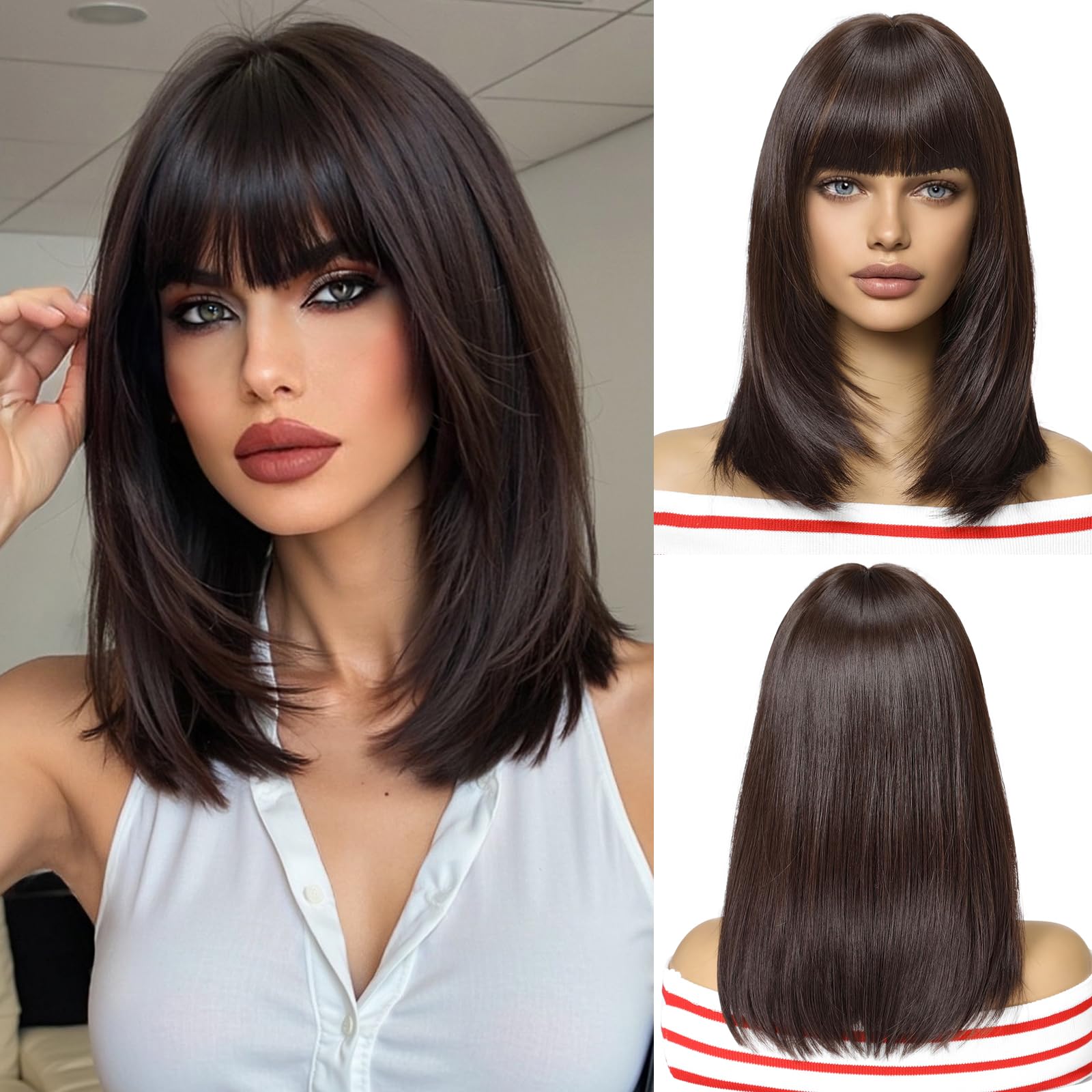 OUFEI Dark Brown Bob Wig With Bangs Short Straight Wig For Women Synthetic Hair Wigs for Daily Party Cosplay Wear