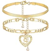 YANODA Gold Ankle Bracelets for Women Waterproof, 14k Gold Plated Layered Snake Anklets Figaro Chain Letter Initial Anklets Handmade Heart Ankle Bracelets Personalized for Women Beach Jewelry Gifts