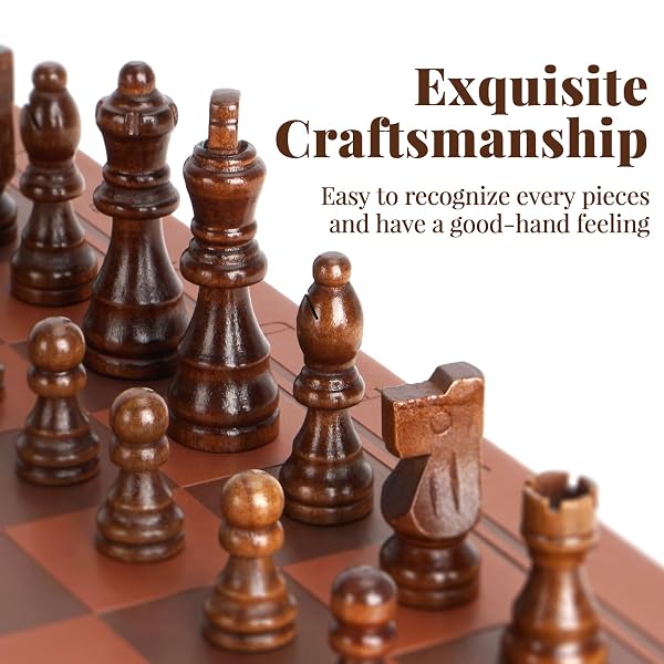 MAGNETIC CHESS SET 15.5 INCH CHESS BOARDS FOR ADULTS & KIDS, LEATHER & WOODEN FOLDING BOARD WITH HANDMADE WOOD PIECES, TRAVEL CHESS SETS GAME WITH PORTABLE HANDLE FOR BEGINNERS PROFESSIONALS