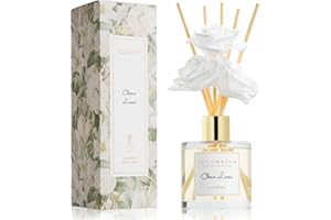 Cocorrína Reed Diffuser Set,6.7oz (200ml) Clean Linen Scented Diffuser with 3 White Rose Foam Flowers & Cotton Sticks, Home Fragrance Reed Diffuser for Bathroom Shelf Decor