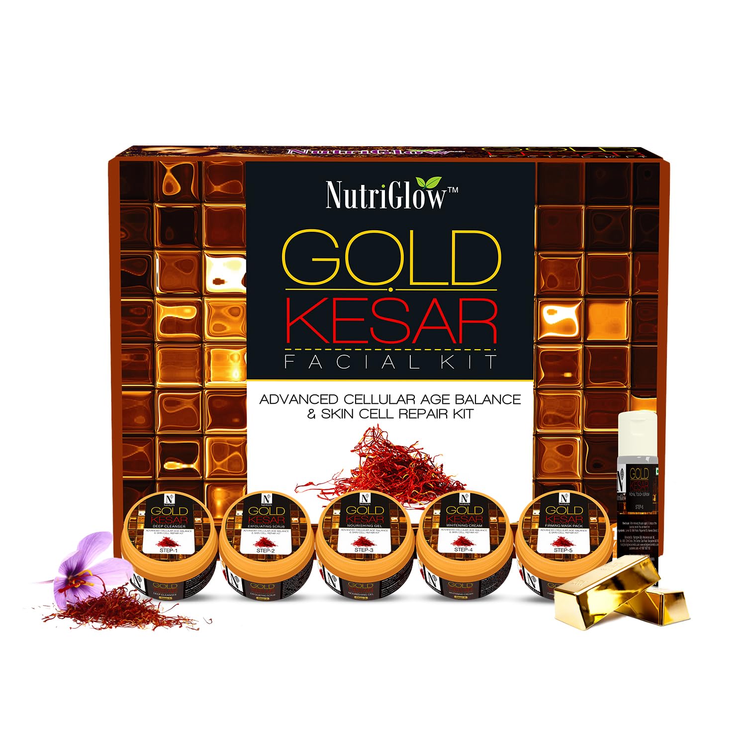 Nutriglow Gold Kesar Facial Kit for Women| 6-Pieces Skin Care/Skin Cleanup Set | Prevents From Anti Aging| 250G + 10Ml